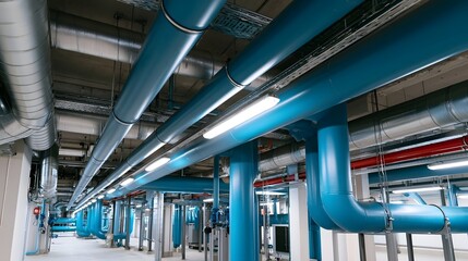 Fototapeta premium Blue and silver pipes run through a modern industrial ceiling with bright fluorescent lighting illuminating the space