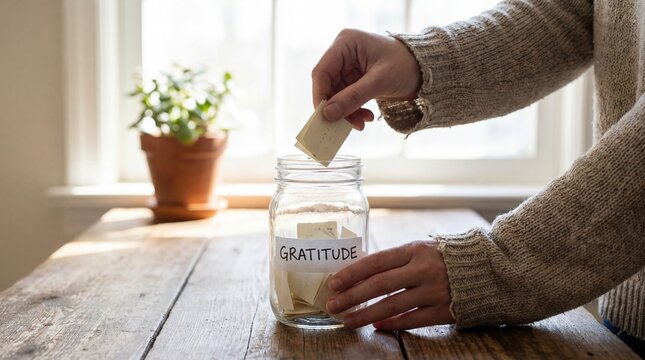 Woman dropping note into gratitude jar at home for mindfulness practice