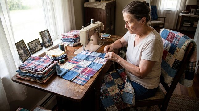 Woman sewing quilt with fabric scraps at home for family project
