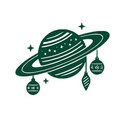Ringed Planet with Hanging Baubles icon. Green silhouette of a festive cosmic saturn decorated with winter holiday ornaments, ideal for sci-fi graphic art © Mr. Akash