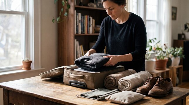 Woman packing sustainable clothing into suitcase at home for travel