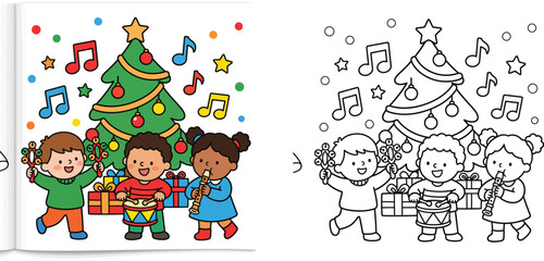 Fototapeta premium Cute Kids Playing Musical Instruments Around Christmas Tree Coloring Page with Colored Example Vector Illustration for Children Activity Book