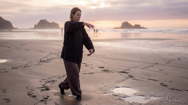 Woman practicing qigong on beach at low tide for relaxation and wellness