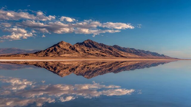 Surreal mirrored desert landscape creating infinite horizon reflections