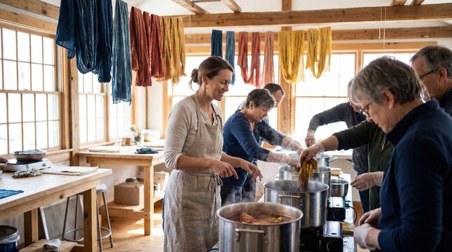 Woman leading natural dye workshop in creative studio with participants