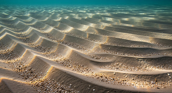 Sunlight filtering through clear water onto the rippled sandy bottom of a shallow ocean or lake floor