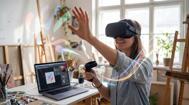 Woman using VR headset to take digital art class in creative workspace