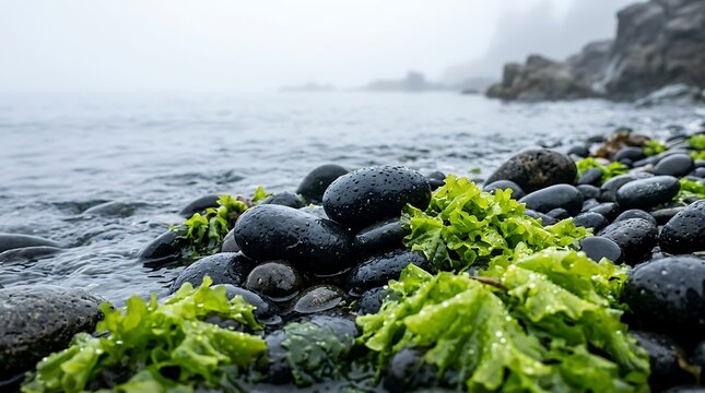 Wet black volcanic rocks covered with vibrant green sea lettuce seaweed on a misty, foggy ocean coastline