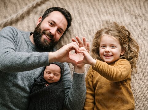 Happy father with daughter and newborn making heart hand gesture.