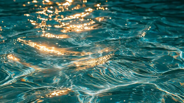 Abstract summer background with flowing turquoise water texture and golden sunlight reflections, luxury resort vibe, calming minimal aesthetic