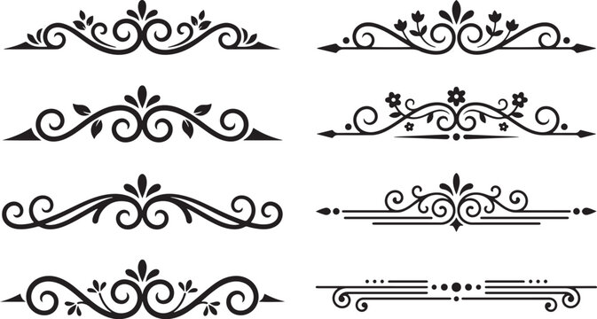 Set of eight classic vintage floral decorative elements, elegant scroll and swirl borders, vector illustration on transparent background.