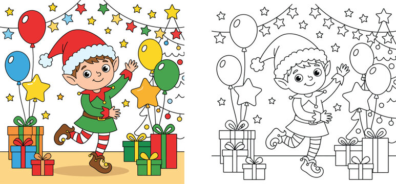 Cute Christmas Elf Dancing with Holiday Gifts and Balloons, Cartoon Coloring Page and Colored Reference for Kids Activity