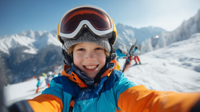 Happy child wearing ski goggles and colorful winter clothing enjoying a sunny day on a snowy mountain slope. Winter sports and family vacation concept.