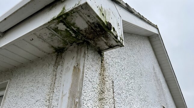 Mold and mildew growth on white residential building exterior wall and roof soffit area