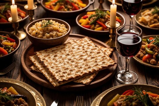 Festive Pesach Seder table setup with matzo bread on wooden platter. Traditional Jewish holiday meal includes wine glasses, lit candles, various kosher dishes. Religious ceremony food prepared for
