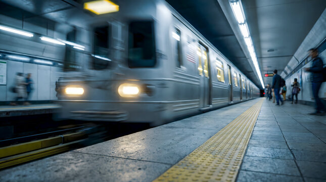 Fast subway train arriving at underground station platform with waiting commuters