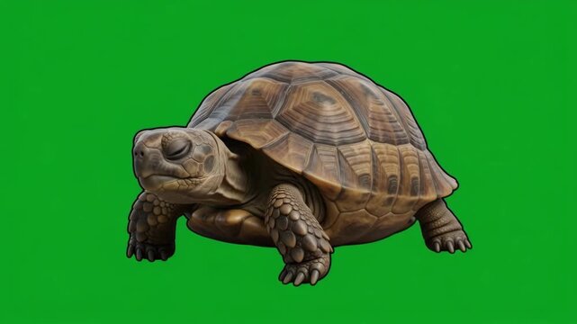 A detailed studio shot of a brown turtle on a vibrant green background, showcasing its intricate shell and calm demeanor.