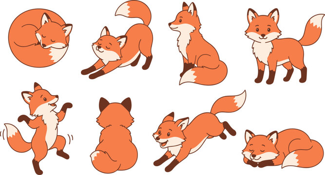 Cute Cartoon Red Fox Character Vector Illustration Set with Various Playful Poses Sleeping Jumping and Sitting Icons for Kids Education and Children Book Designs