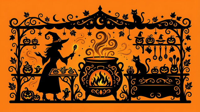 Halloween witch silhouette cooking in a cauldron with pumpkins and black cat on orange