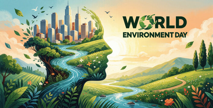 Human profile made of green nature, urban city skyline. Illustration shows balance between eco life, modern development. World Environment Day concept with river, trees, buildings, mountains. Concept