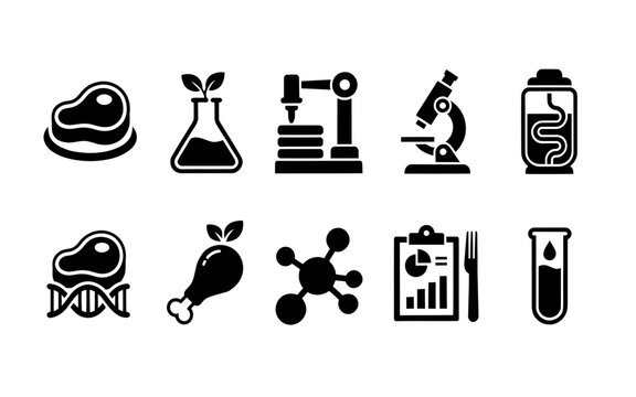 Set of black and white icons representing science and food related concepts isolated on transparent background