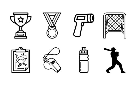 Set of sports and athletic competition icons featuring trophies and equipment isolated on transparent background