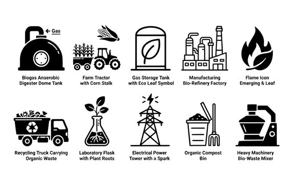 Various icons representing sustainable energy and organic waste management processes