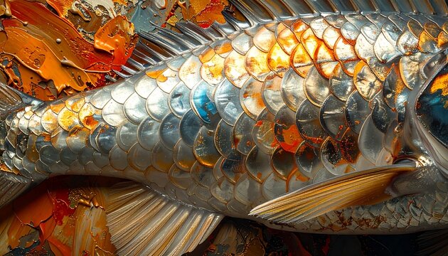 Metallic Mechanical Fish Sculpture Close Up with Shiny Scales and Industrial Details