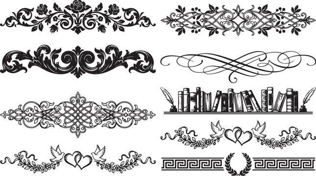 Set of intricate botanical scroll ornaments with rose flowers and library book themed dividers on transparent background for elegant invitation and sophisticated project graphic designs.