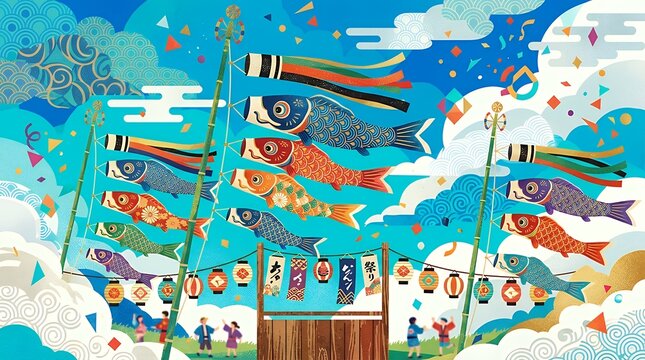 Festive Event Design with Fish Streamers Sky Clouds and Abstract Shapes streamer carp fish cloud sky festival celebration event background geometric traditional pattern cloudscape symbol sky
