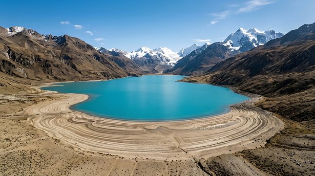 Breathtaking aerial view of a turquoise glacial lake with receding water levels showing distinct shoreline rings, surrounded by rugged snowcapped mountain peaks in a remote highaltitude landscape