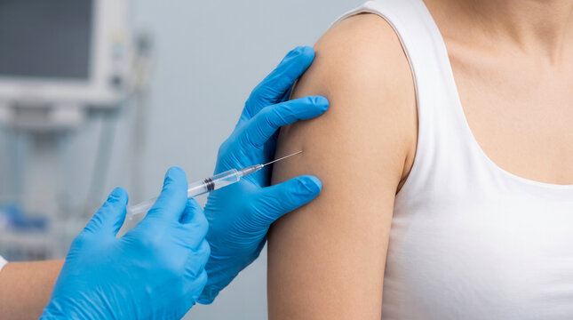 Healthcare worker giving adult patient an upper arm vaccination in medical clinic