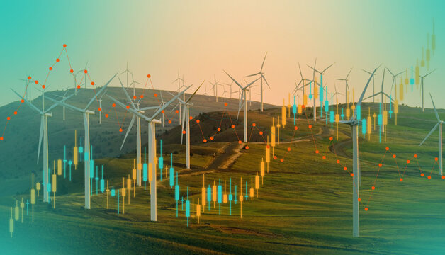 Wind turbine farm on grassy hills at sunset with overlaid financial stock market candlestick charts representing renewable energy investment growth.