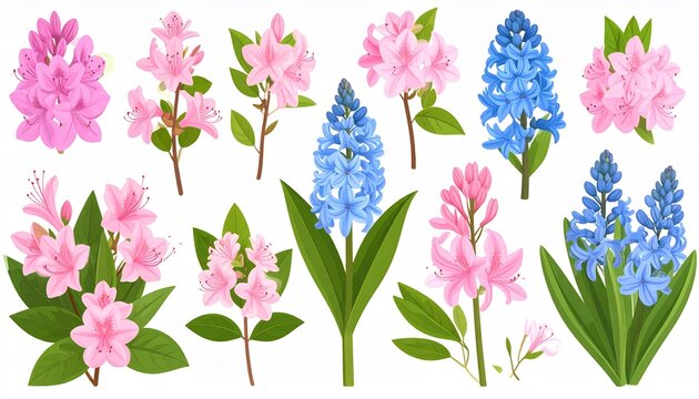 Spring Floral Elements Set with Pink and Blue Hyacinths and Azaleas