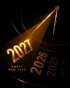 Golden 2027 happy new year text design with clock hands on a dark black background for festive holiday celebration event greeting card poster design template