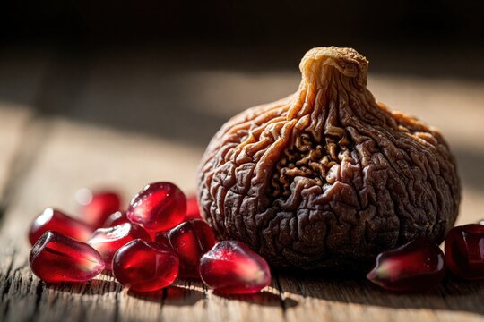 Macro view of dried fig with fresh pomegranate seeds on wooden surface. Organic fruit texture shows detail under natural light. Healthy vegan snack with red seeds, wrinkled brown fruit. Nutrition