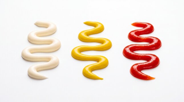 Creamy mayonnaise yellow mustard and bright red tomato ketchup sauces served in squiggly lines isolated neatly on white background