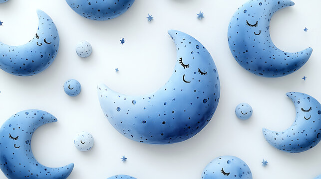 A charming pastel cartoon depiction of drawer and cabinet locks shaped like sleepy moons in gentle blue and white against a stark white backdrop 