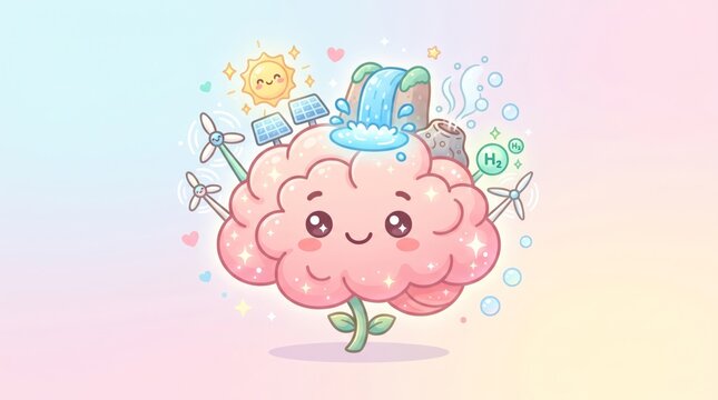 Cute cartoon brain character with renewable energy elements