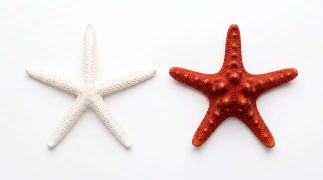 Two different textured starfish featuring one smooth white specimen and one bumpy orange creature captured flat lay on white background