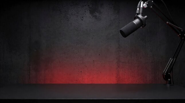 Professional podcast microphone on boom arm against dark textured wall with red light