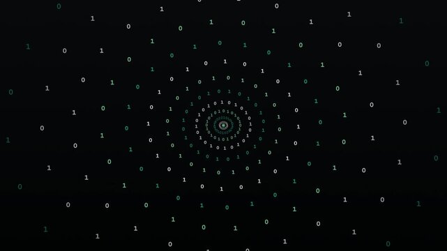Binary code tunnel abstract motion background featuring streaming ones and zeros animation.