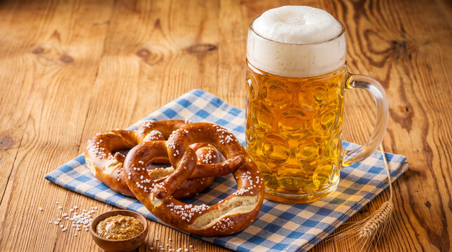 Foamy lager beer in glass mug with salted pretzels on rustic wooden table