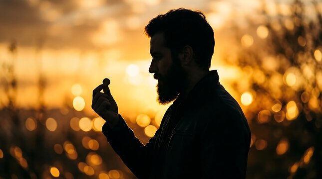 Silhouette of a man with a beard holding a small object against a blurred sunset background