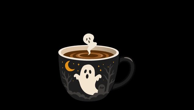Cute Halloween Ghost Rising from Hot Coffee in Spooky Black Mug Animation