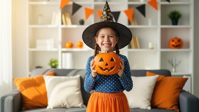 Little girl in a witch hat holding a jackolantern