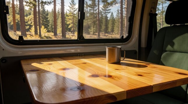 Wooden table inside camper van with coffee mug overlooking pine forest view