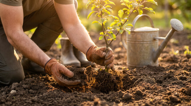 Man planting young tree sapling in fertile soil during golden hour garden work