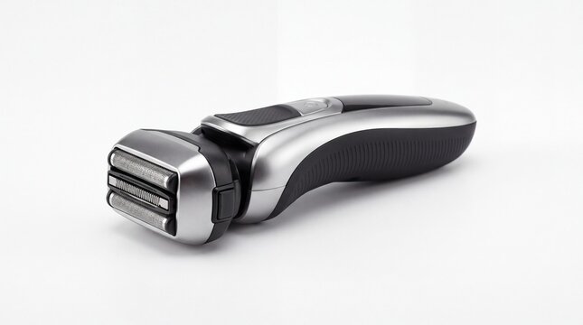 Modern electric foil shaver featuring sleek silver and black metallic design elements captured in high resolution studio light on white background