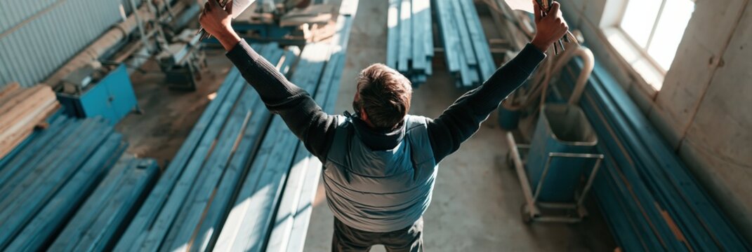 Overhead view of worker with raised arms in lumber factory for industrial success background and manufacturing poster
